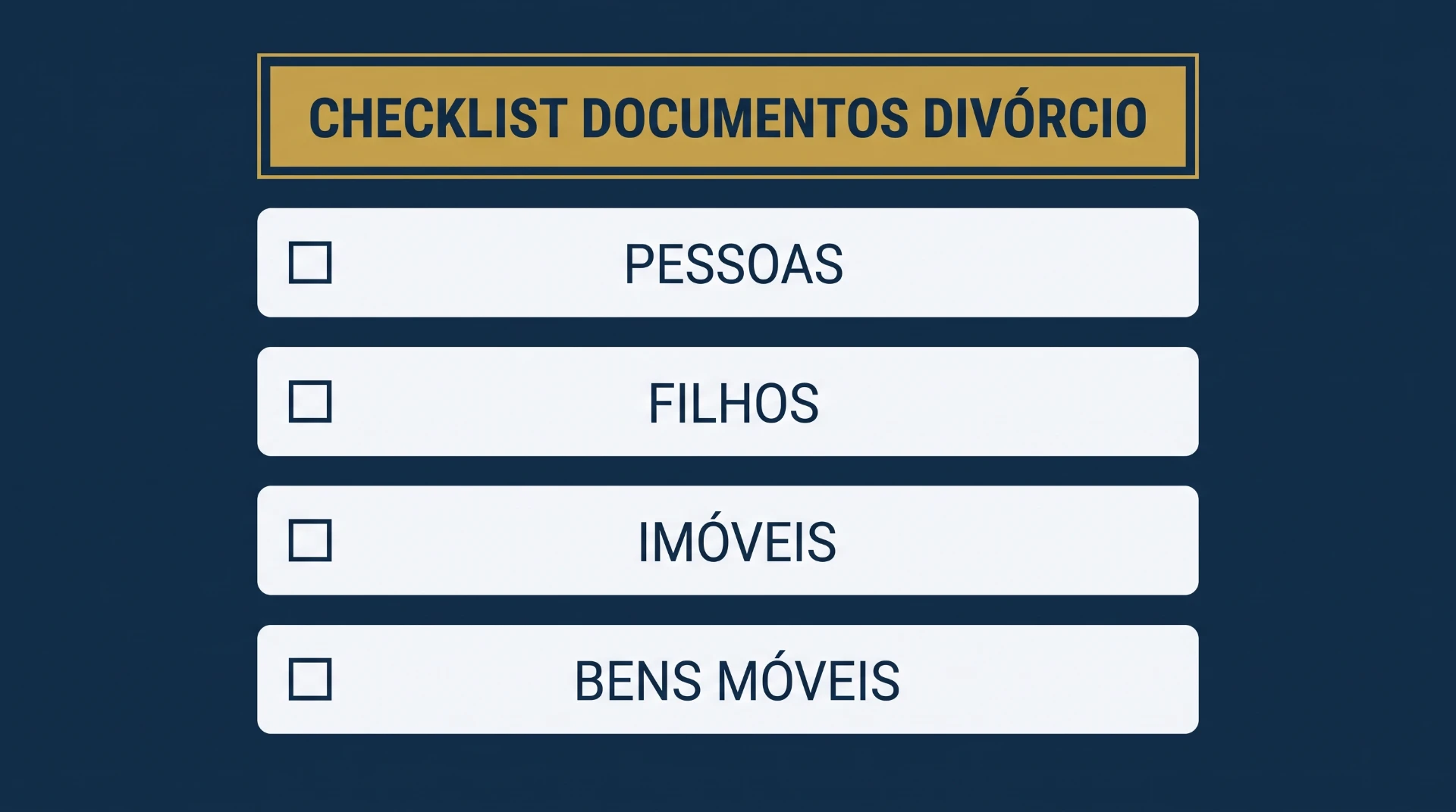 Imagem com checklist de documentos de divórcio intitulado “CHECKLIST DOCUMENTOS DIVÓRCIO”, exibindo campos para Pessoas, Filhos, Imóveis e Bens Móveis.