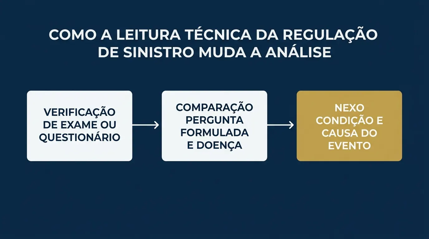 Infográfico em fundo azul com o título “COMO A LEITURA TÉCNICA DA REGULAÇÃO DE SINISTRO MUDA A ANÁLISE”, mostrando etapas: “VERIFICAÇÃO DE EXAME OU QUESTIONÁRIO”, “COMPARAÇÃO PERGUNTA PUNTO FORMULADA E DOENÇA” e “NEXO CONDIÇÃO E CAUSA DO EVENTO”.