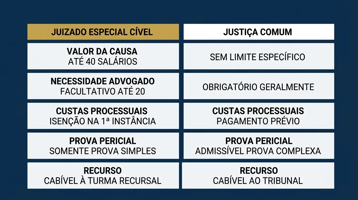 Tabela comparativa com critérios do Juizado Especial Cível e da Justiça Comum: valor da causa, necessidade de advogado, custas processuais, prova pericial e recursos.