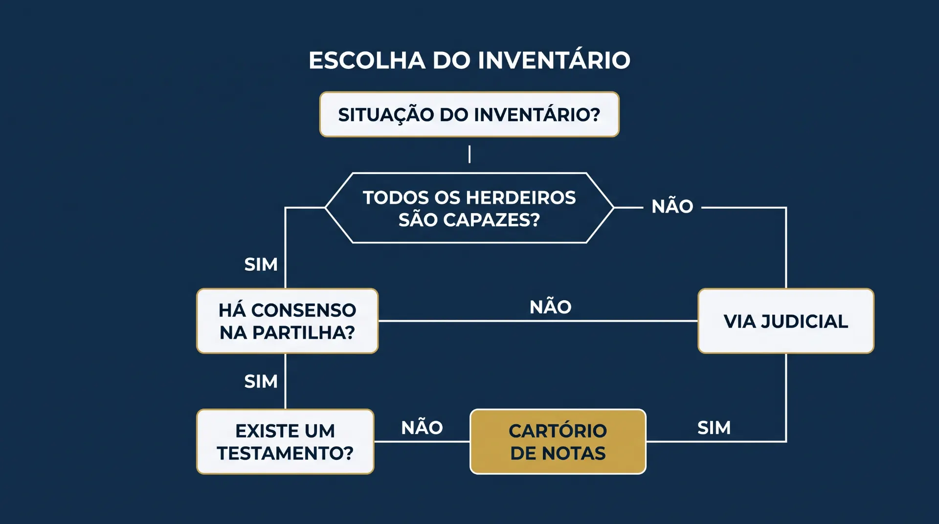 Diagrama em fluxograma com o título “ESCOLHA DO INVENTÁRIO”, mostrando decisões sobre situação do inventário e herdeiros capazes. Inclui opções como “Há consenso na partilha?”, “Existe um testamento?”, “Cartório de notas” e “Via judicial”.