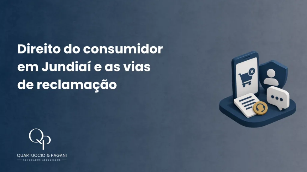 Imagem com fundo azul e texto “Direito do consumidor em Jundiaí e as vias de reclamação”, com ícones de celular, mensagem, escudo, carrinho e lupa, representando orientação jurídica.