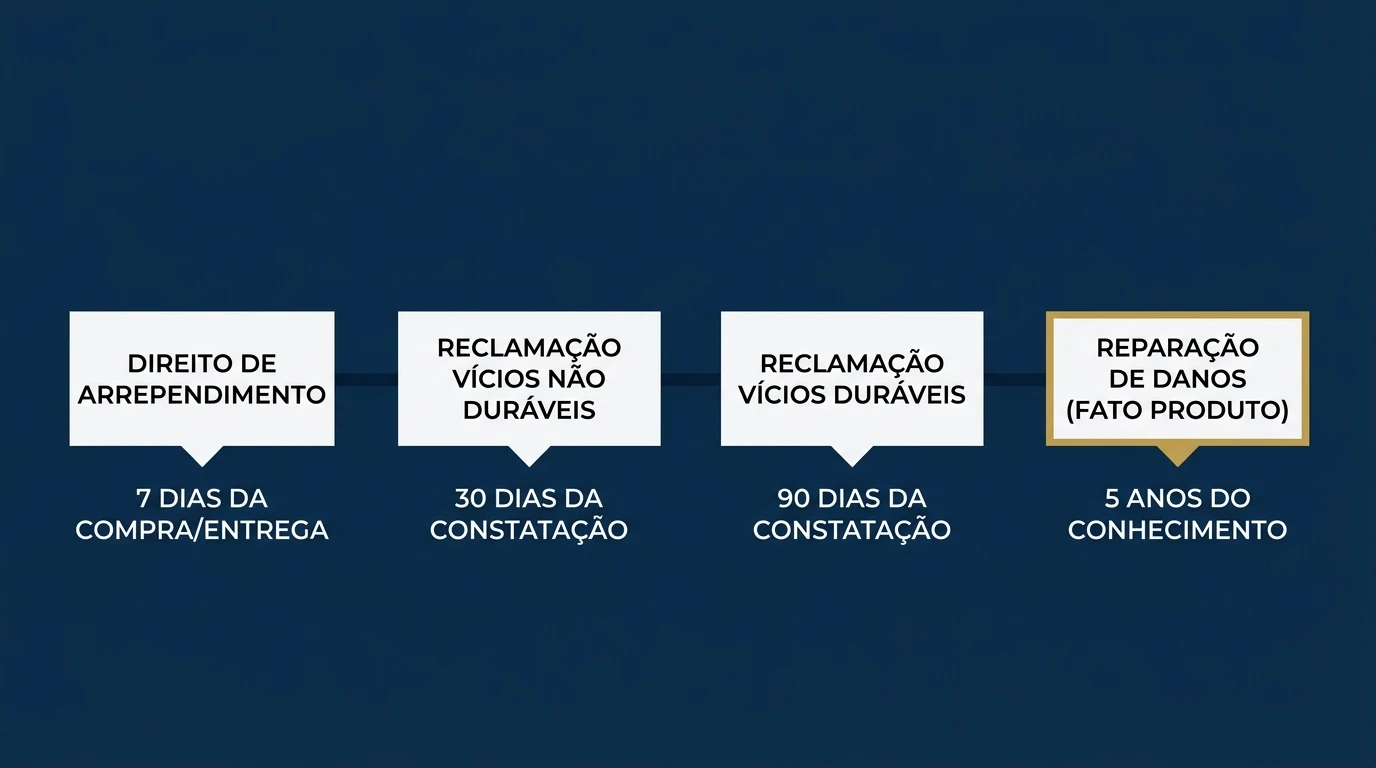 Infográfico sobre direitos do consumidor: direito de arrependimento em 7 dias, reclamação por vícios não duráveis em 30 dias, reclamação por vícios duráveis em 90 dias e reparação de danos em 5 anos do conhecimento do consumidor.