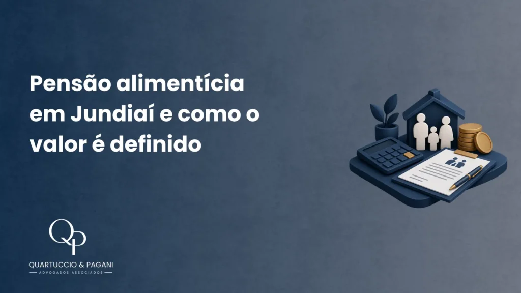 Imagem com fundo azul e texto “Pensão alimentícia em Jundiaí e como o valor é definido”, ao lado de ícones de casa, pessoas, moedas e um documento, representando orientação jurídica.