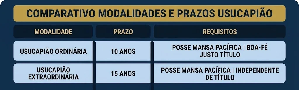 Imagem com um quadro comparativo de usucapião ordinária e usucapião extraordinária, destacando prazos de 10 anos e 15 anos e requisitos como posse mansa pacífica e justo título ou independente de título.