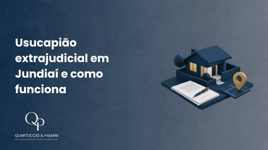 Arte de marketing jurídico sobre Usucapião extrajudicial em Jundiaí e como funciona, com texto em destaque e ícones isométricos de casa, mapa e documentos.