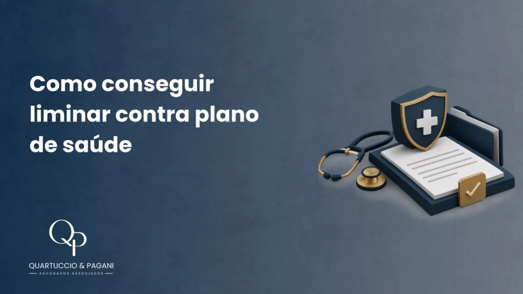 Como conseguir limitar contra plano de saúde: imagem com caderno e formulário, escudo com cruz, estetoscópio e ícone de check, tema de advocacia e saúde.
